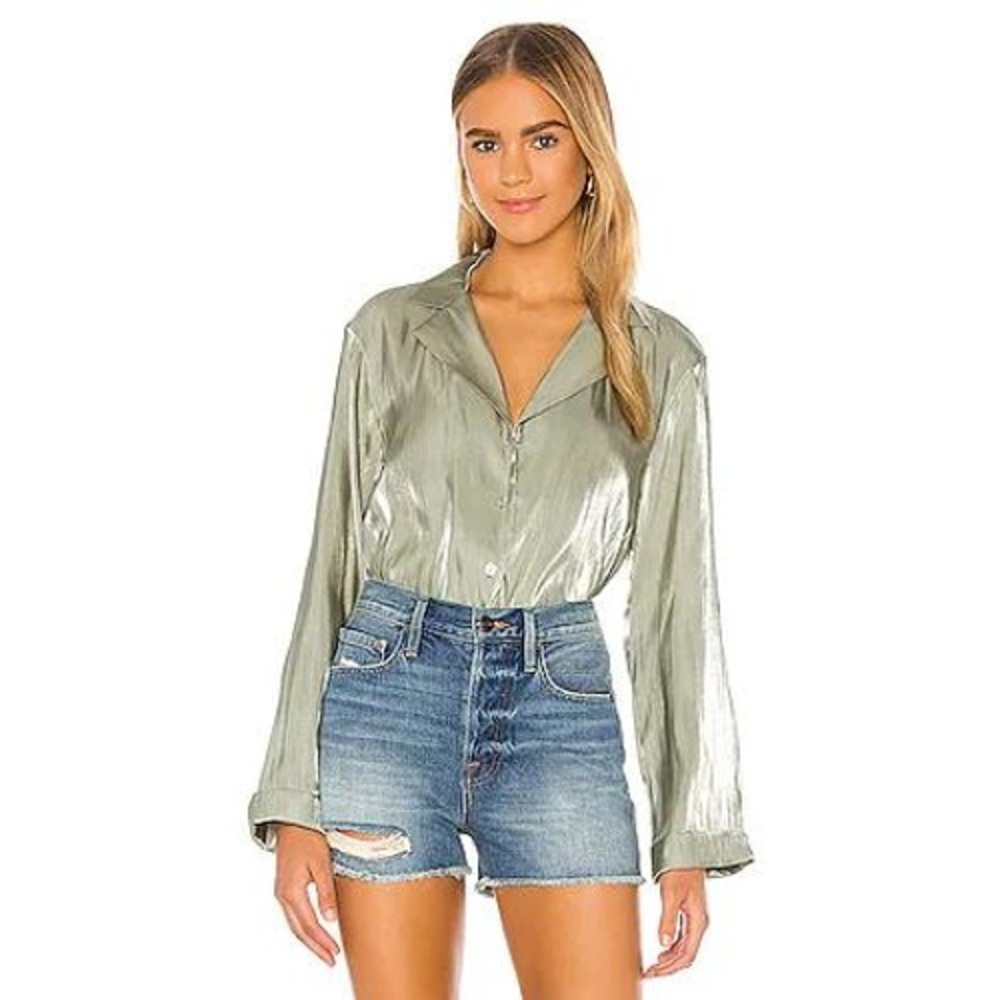 Song of Style Metallic Pleated Button Down Shirt Sage Green Shimmer Size S
